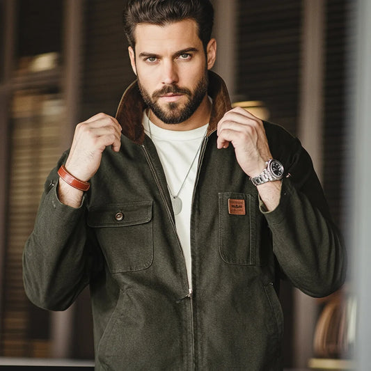 Maden Retro Heavyweight Canvas Detroit Jacket Corduroy Collar Hunting Short Zip-Up Jacket with Pockets Men's Autumn Outerwear