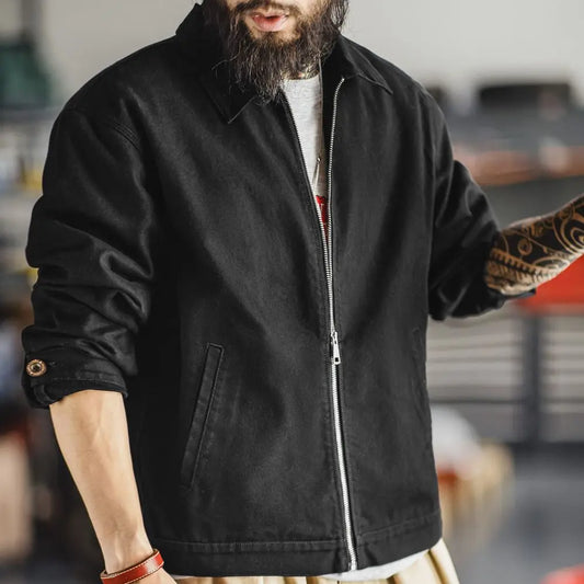 Maden Men's Vintage Ike Jacket Heavyweight Black Cotton Zip-Up Coat Lapel Collar Casual Outdoor Mountain Jacket for Spring Fall