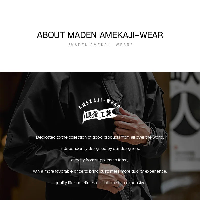 Maden Outdoor Sports Hooded Jacket for Men Black Windbreaker Motorcycle Style Mid-length with Multi-pockets Coat for Autumn