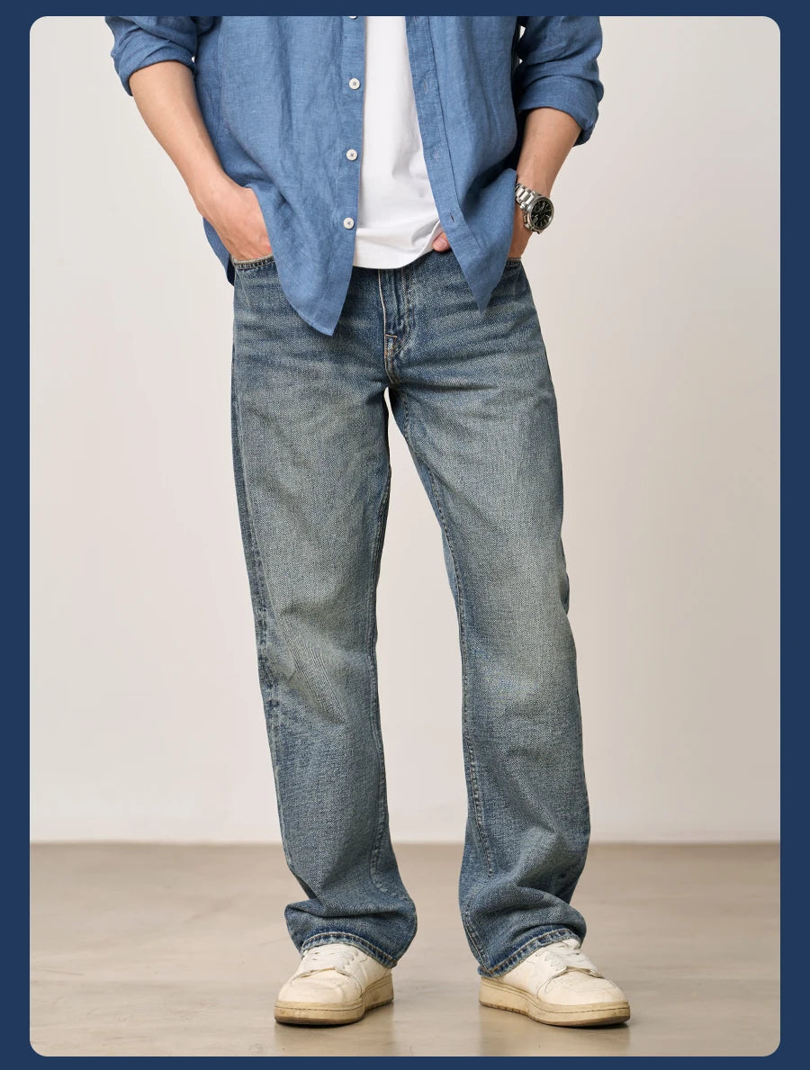SIMWOOD High Standard 2026 Spring New 13oz Cotton Hemp Washed Vintage Jeans for Men,Classic Retro Casual Denim Trousers