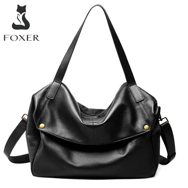 FOXER Genuine Leather Shoulder Bag for Women Large Capacity Handbag Female Casual Tote Bag Computer Bag Crossbody Purse as Gift