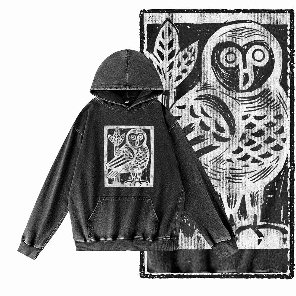 Vintage Owl Graphic Acid-Washed Black Hoodie