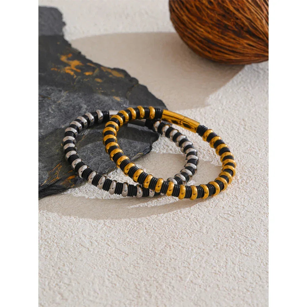 65mm Distinctive Stainless Steel Leather Metal Beads Bracelet Bangle - ShopHub