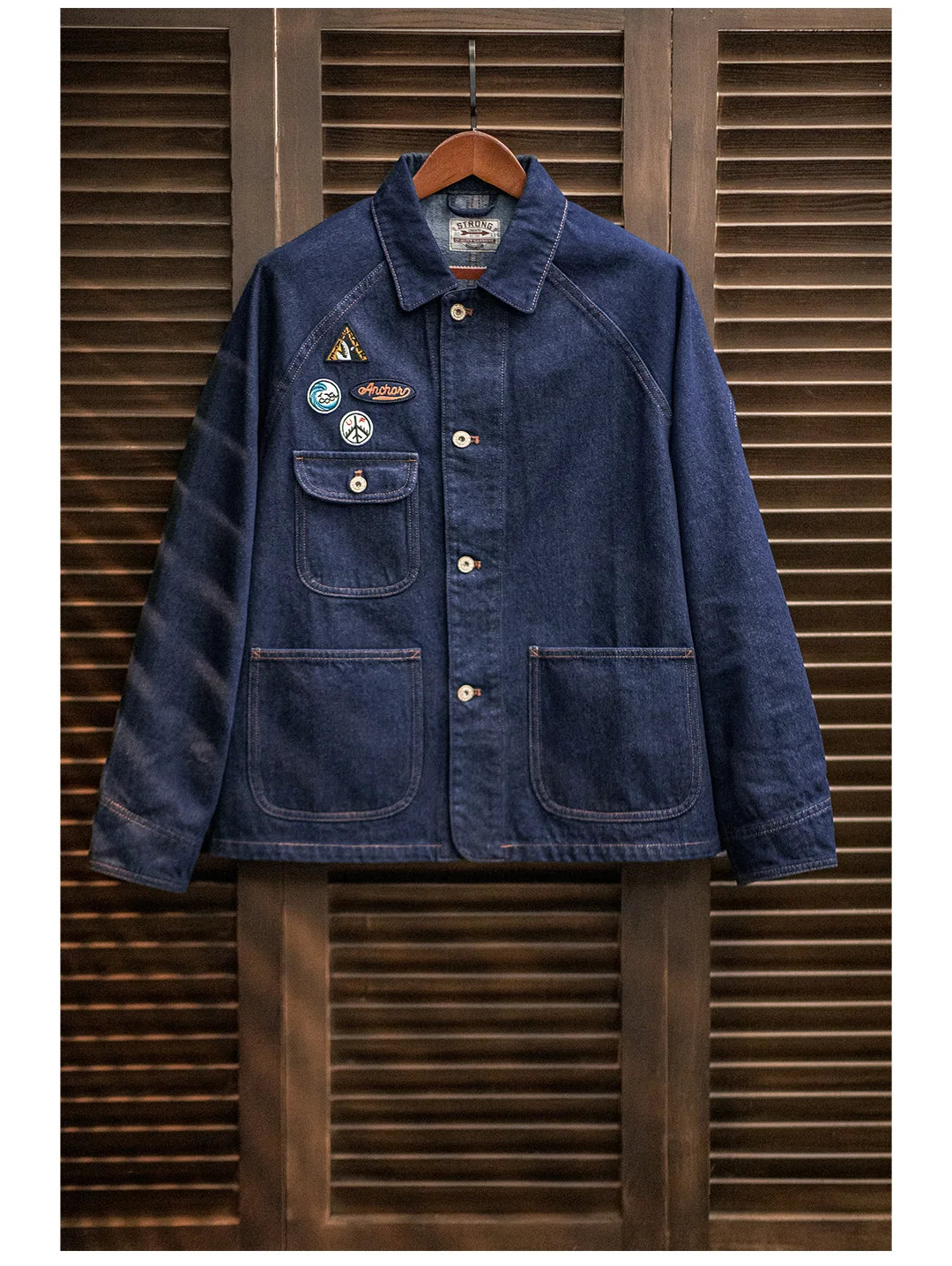 Maden Vintage Embroidered Badge 12.8oz Heavyweight Denim Jacket Washed Lapel Casual Outerwear for Men Spring and Fall Chore Coat