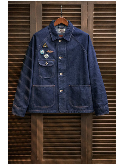 Maden Vintage Embroidered Badge 12.8oz Heavyweight Denim Jacket Washed Lapel Casual Outerwear for Men Spring and Fall Chore Coat