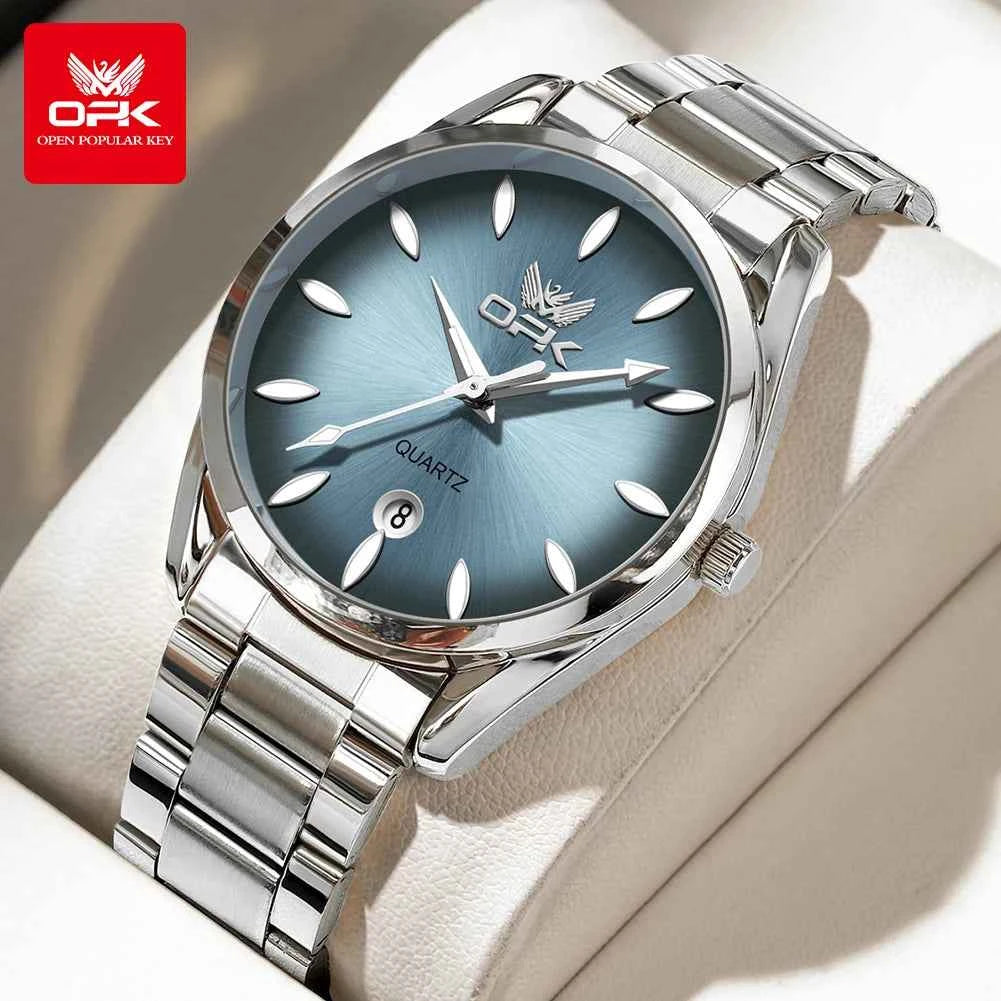 OPK 6038 Unisex Waterproof Quartz Watch - Luminous Stainless Steel Automatic Date Watch for Men with Gift Box