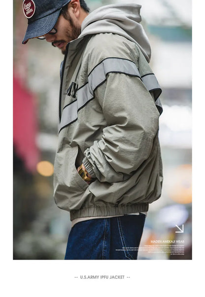 Maden Bomber Jackets For Men Vintage Training Coat Vibe Wind Reflective Hooded Quick-drying Jacket Male Blue