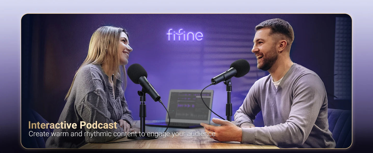 A promotional banner for an interactive podcast featuring a man and a woman sitting across from each other at a table with microphones and a laptop, under a purple-lit studio setting with the word 'fine' visible in the background.