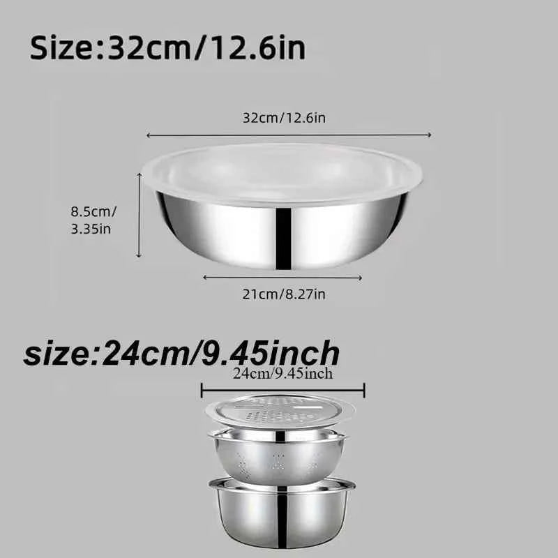 2Pcs Kitchen Accessories, Stainless Steel Bowl with Lid, Multi-use Drain Slicing Bowl, Practical Kitchen Tools & Kitchen Items