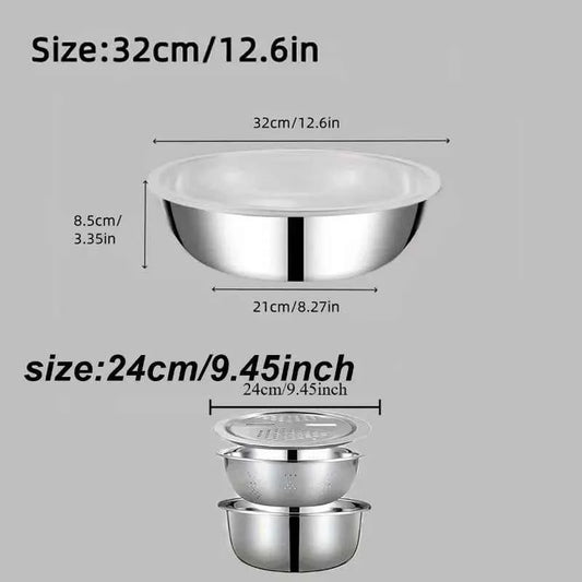 2Pcs Kitchen Accessories, Stainless Steel Bowl with Lid, Multi-use Drain Slicing Bowl, Practical Kitchen Tools & Kitchen Items