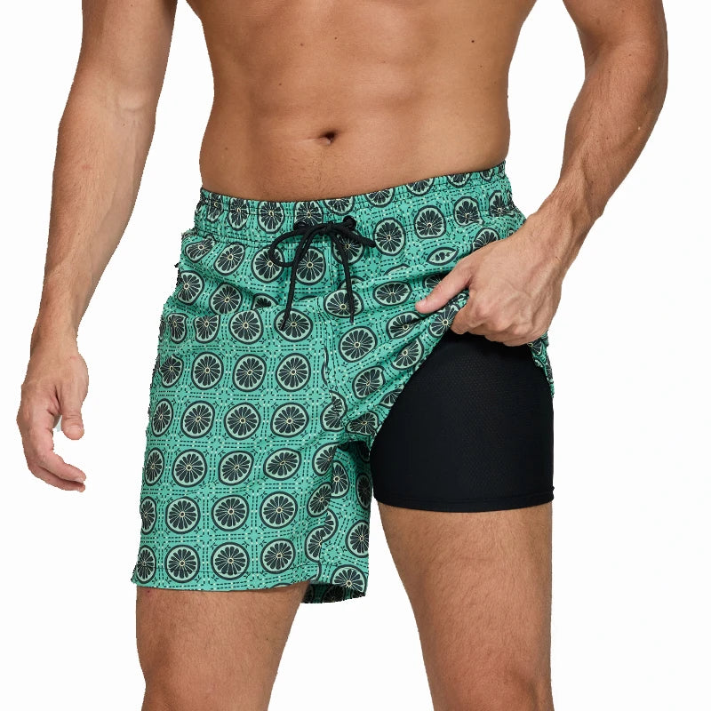 Men's long polyester boardshorts with side zipper pocket, 2-in-1 design, suitable for beach and gym, by ShopHub NZ.