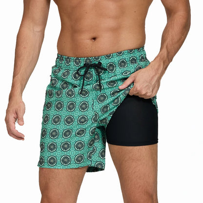 Men's long polyester boardshorts with side zipper pocket, 2-in-1 design, suitable for beach and gym, by ShopHub NZ.