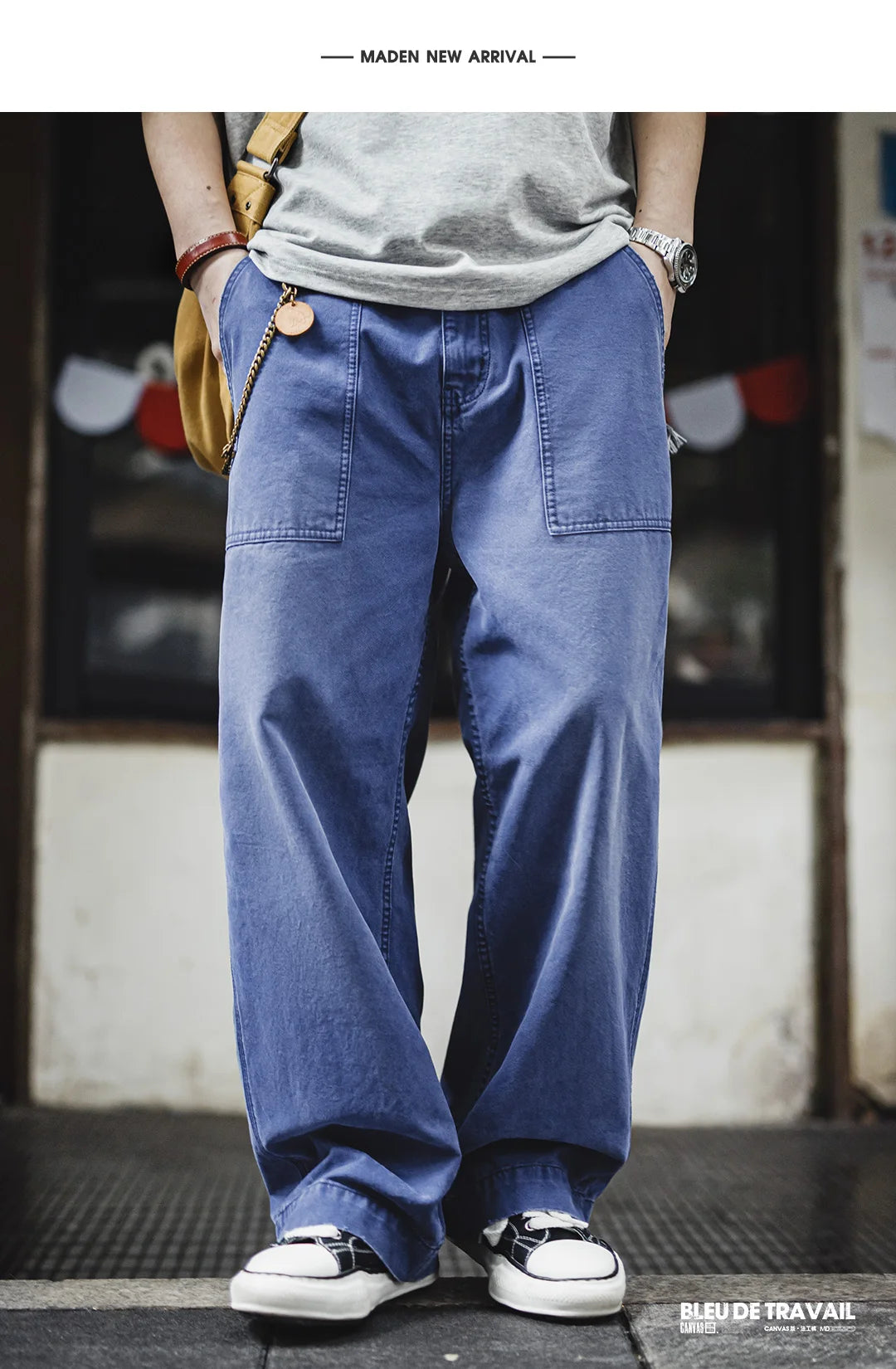 Maden Men‘s Vintage Washed Denim Jeans Blue Cotton Canvas Workwear Zipper Pants Loose Fit Casual Trousers for Spring and Autum