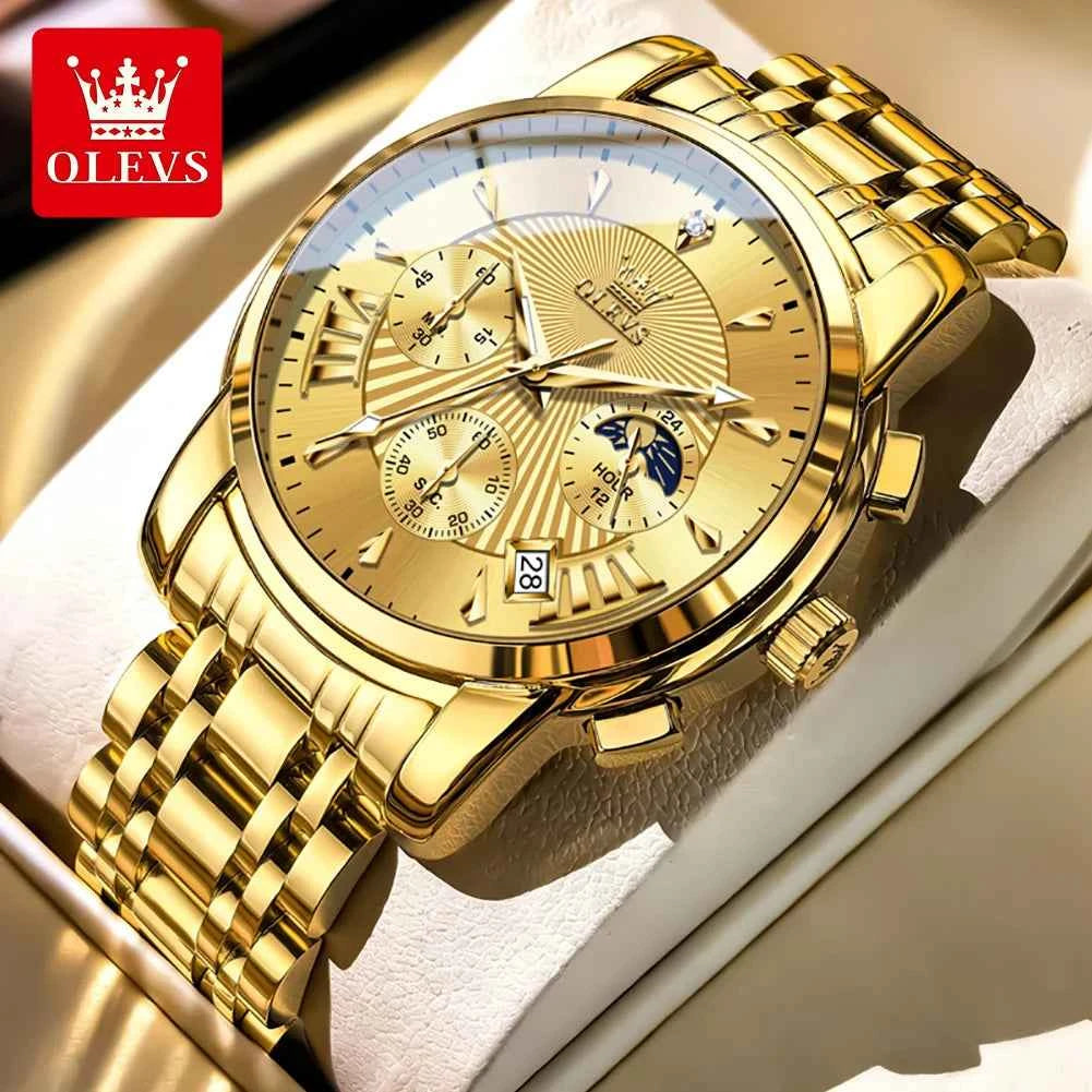 OLEVS 2892 Mens Business Quartz Watch with Moon Phase Multifunctional Chronograph and Calendar Window