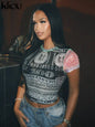 kliou Mesh Panlled Fashion Print Tees Women Summer Short Sleeve O-neck Slim Fit Sheer Crop Top Girls All-matched Street Clothing
