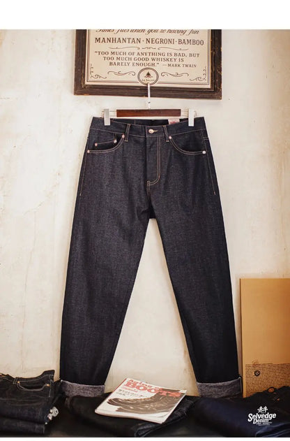 Maden Men's Vintage 10.9oz Selvedge Raw Denim Jeans Indigo Straight Fit Pants Zip Fly Casual Trousers for Autumn and Winter