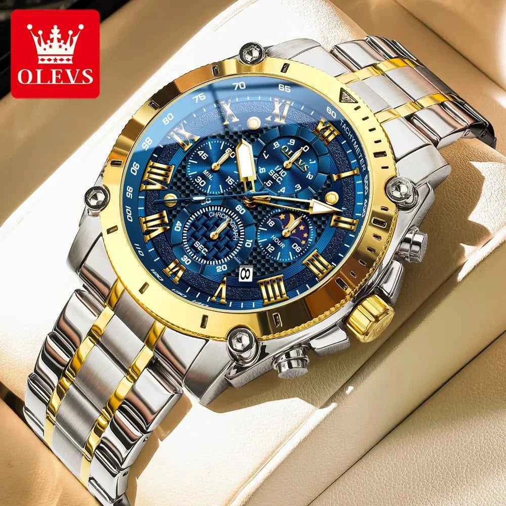 OLEVS 3689 Mens Business Quartz Watch - Waterproof Luminous Stainless Steel Moon Phase Date Sports Watch with Gift Box