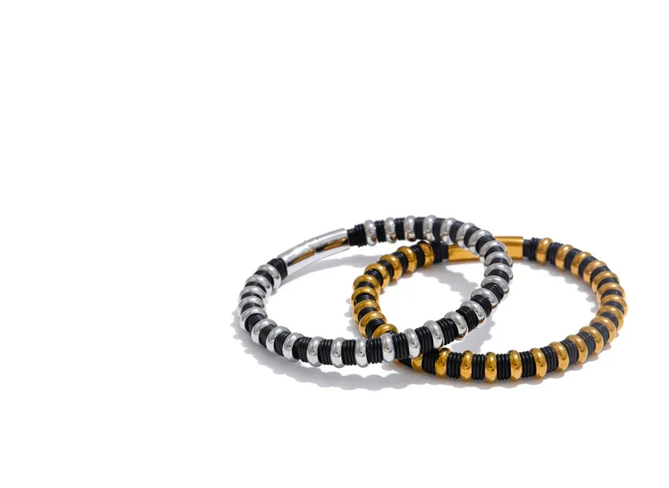 65mm Distinctive Stainless Steel Leather Metal Beads Bracelet Bangle - ShopHub