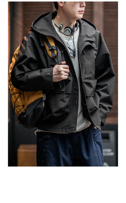 Maden Casual Multi-Pocket Functional Hooded Jacket Black Loose Outdoor Sports Coat for Men's Spring and Autumn Versatile Jacket