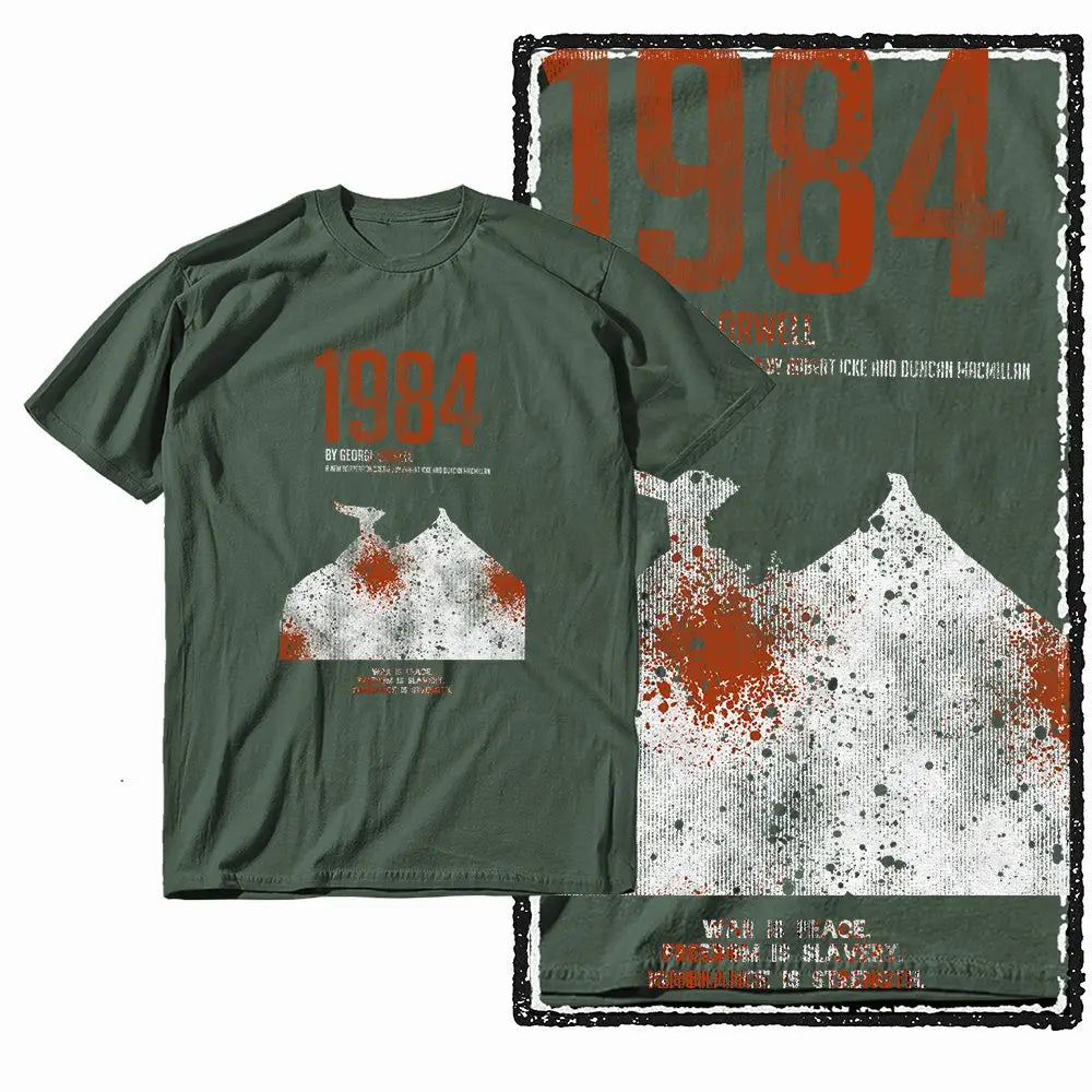 G01 Army Green Cotton Big Size 1984 Graphic Men T-shirt | Streetwear Cool Vintage O-neck Men's Tee Tshirt