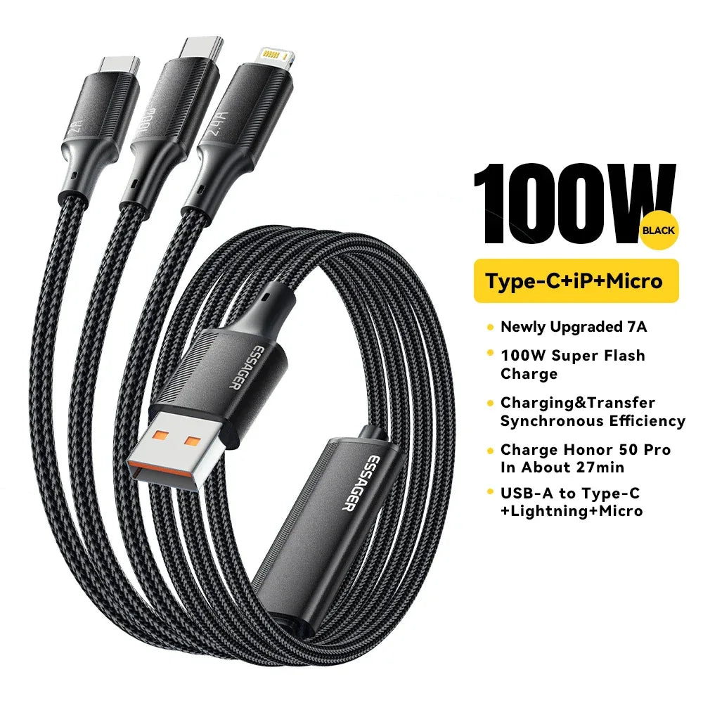 Essager 100W 3-in-1 USB C to Type C and Lightning PD Fast Charger Cable - ShopHub