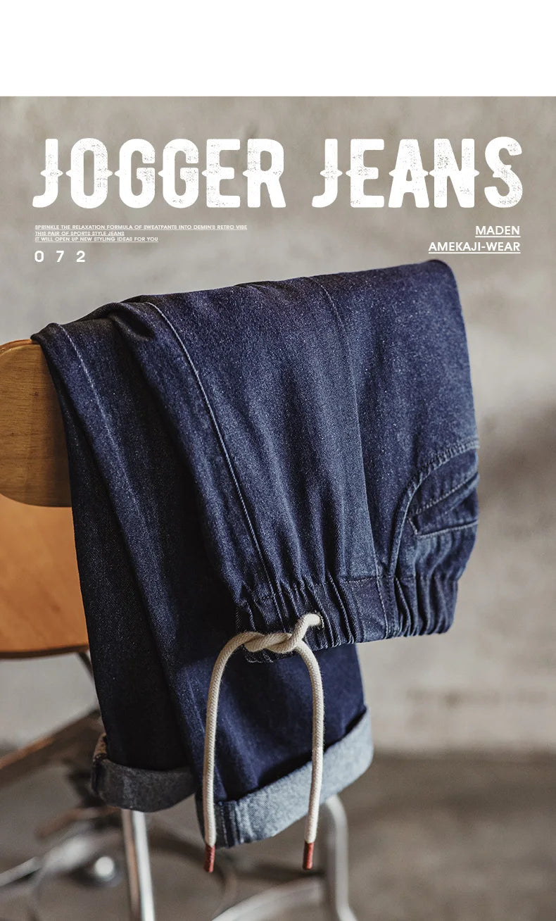 Maden Casual 10oz Jogger Denim Jeans with Elastic Waist Drawstring Washed Straight Trousers for Men's Spring and Autumn Pants