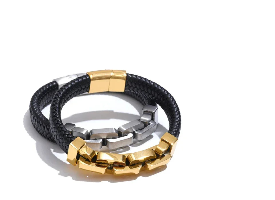 18K PVD Plated Stainless Steel Metal Chain Leather Handmade Men's Bracelet Bangle - ShopHub