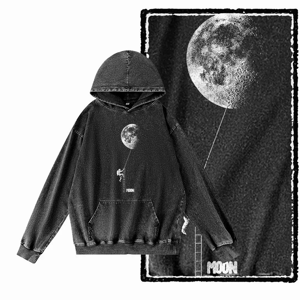Cosmic Drift Space Graphic Acid-Washed Black Hoodie