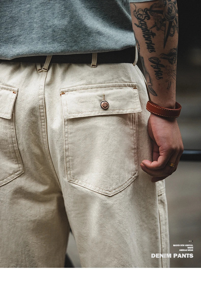 Maden Men's Vintage 11.2oz White Cottonseed Hull Jeans Casual Baggy Fit Straight Trousers for Spring and Fall Chino Cargo Pants