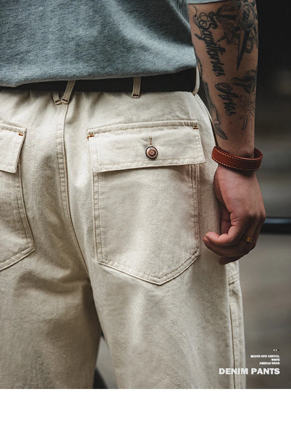 Maden Men's Vintage 11.2oz White Cottonseed Hull Jeans Casual Baggy Fit Straight Trousers for Spring and Fall Chino Cargo Pants