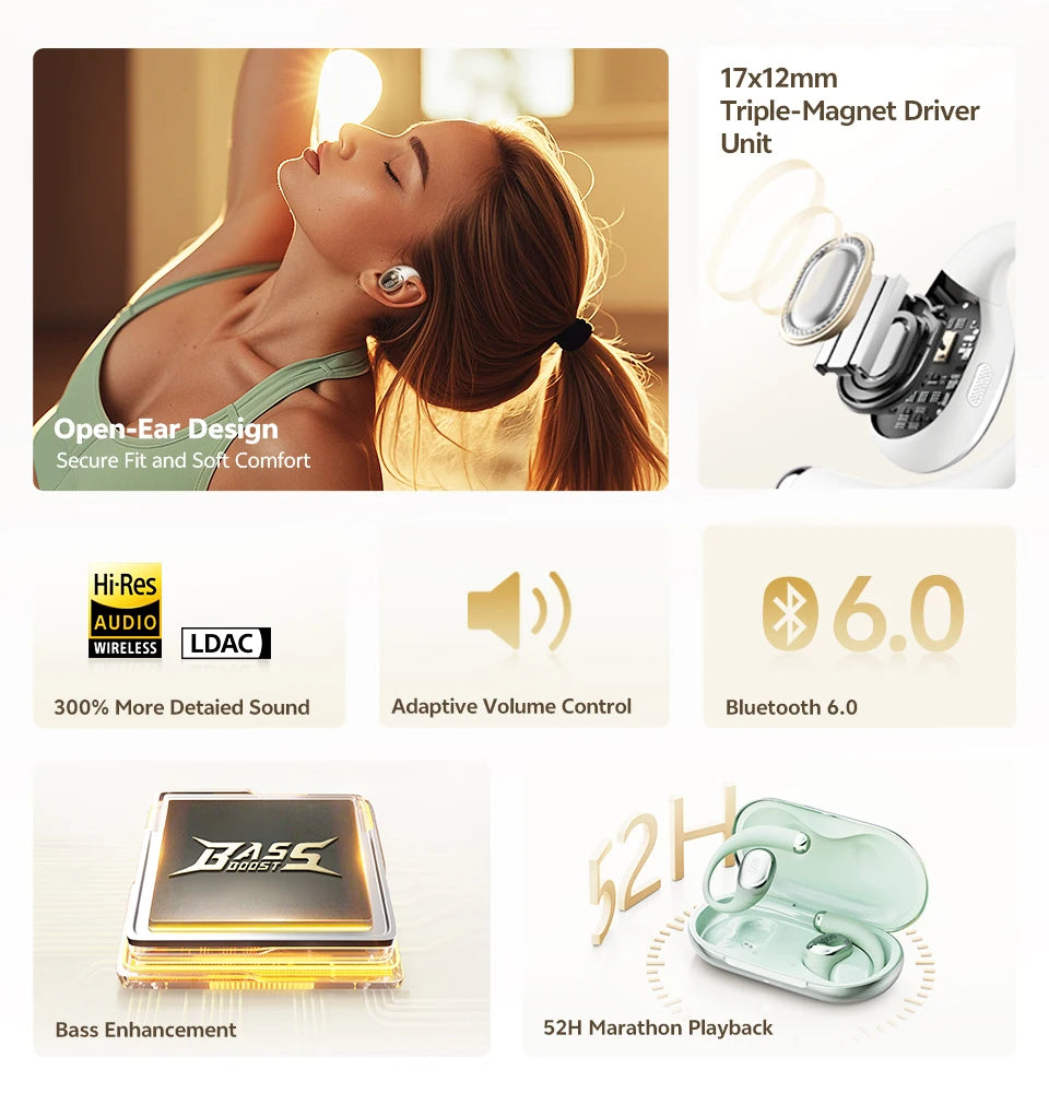 QCY Crossky R70 Wireless Headphones - Hi-Res Open-Ear Bluetooth 6.0 Earhooks with Bass Boost