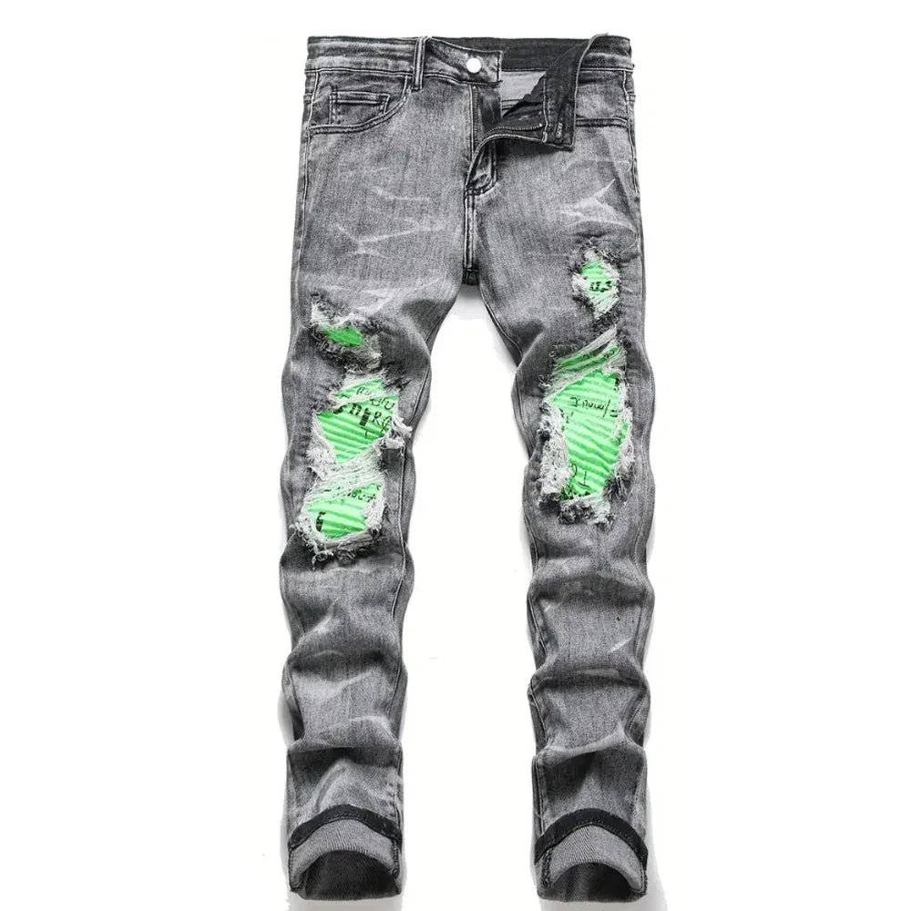 Men's Skinny Jeans With Patchwork Holes - ShopHub