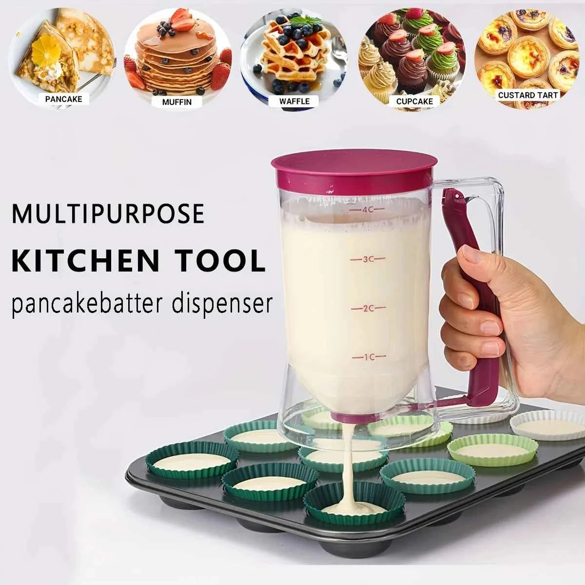 Foldable Batter Dispenser - Pancake/Cupcake/Waffle Batter Separator with 6 Nozzles, Non-Drip Precision Pouring Tool for Baking