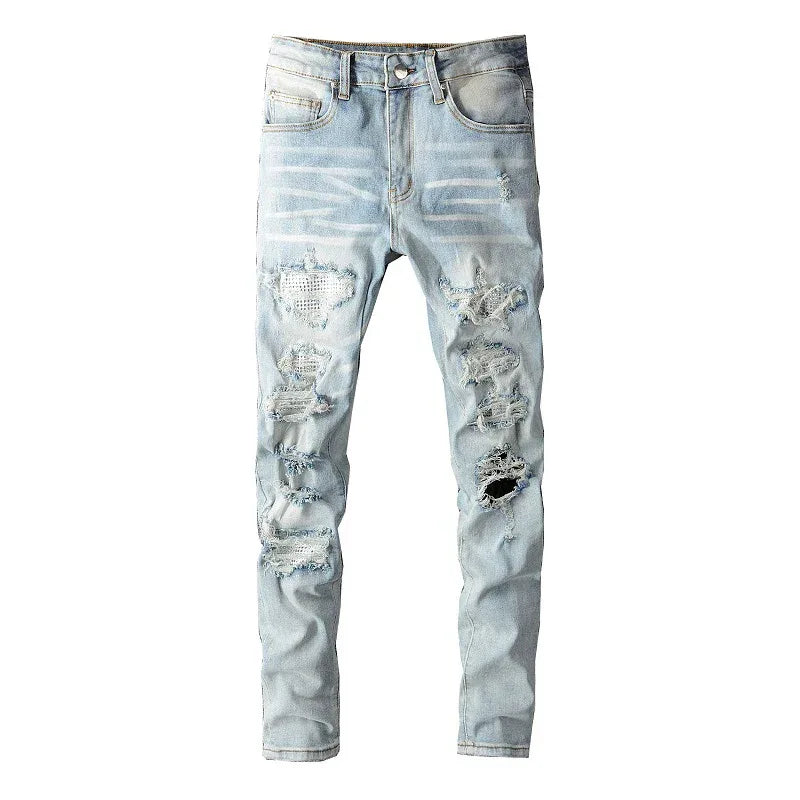 Men’s Light Blue Denim Ripped Patchwork Jeans - ShopHub
