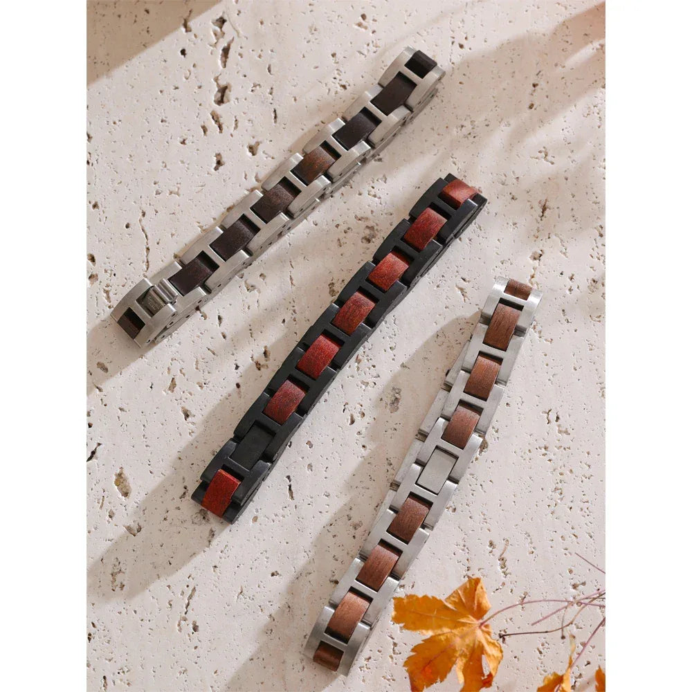 22cm Stylish Unique Stainless Steel Natural Wood Chain Men's Classic Bracelet - ShopHub