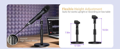 Black adjustable microphone stand with text callouts showing flexible height adjustment options, including dimensions and a close-up of the high-tensile metal material.