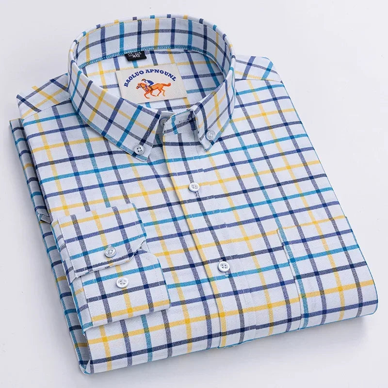 Casual Cotton Oxford Shirts for Men - Long Sleeve Regular Fit White Dress Shirt