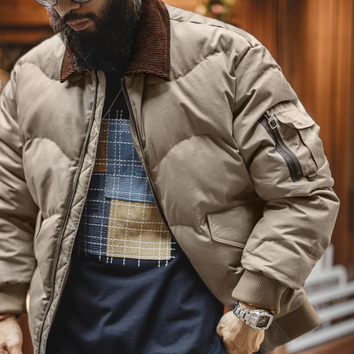 MADEN Corduroy-Collar Quilted Bomber Jacket