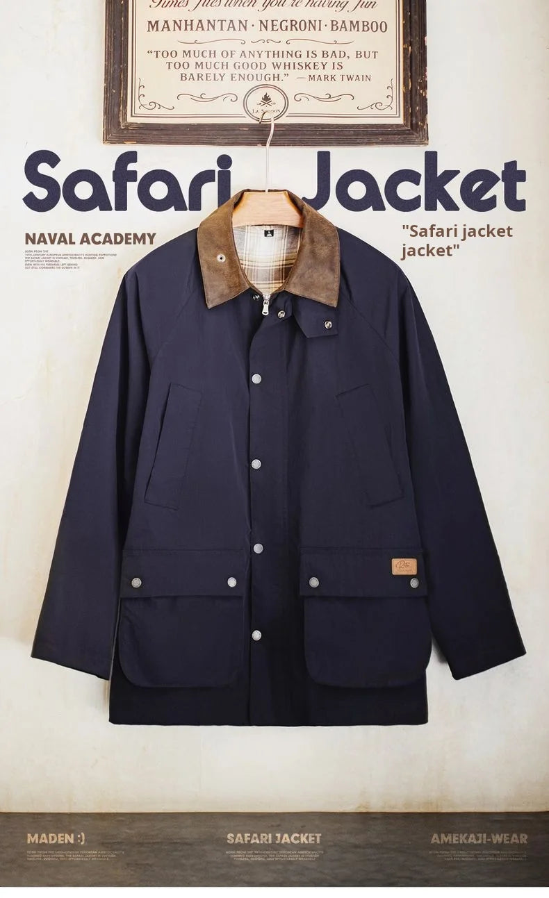 Maden Vintage Men's Blue Safari Jacket Waterproof Hunting Coat Loose Fit Windproof Contrast Collar Windbreak  for Spring Fall