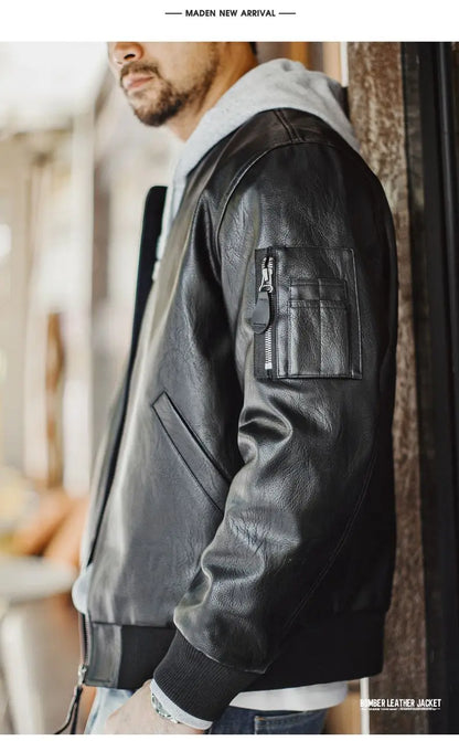 Maden Vintage Men's MA1 Leather Jacket Black Pilot Bomber Jacket Short Zip-up Pocket Baseball Coat Outerwear for Fall Streetwear