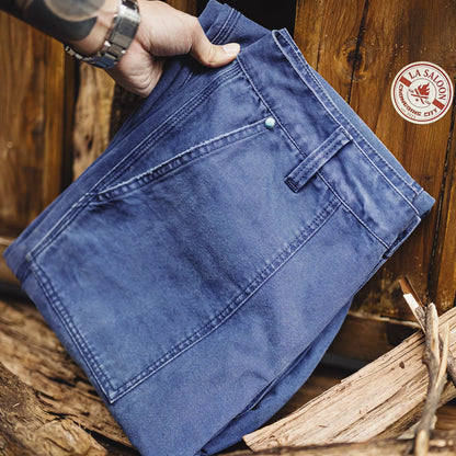Maden Men‘s Vintage Washed Denim Jeans Blue Cotton Canvas Workwear Zipper Pants Loose Fit Casual Trousers for Spring and Autum