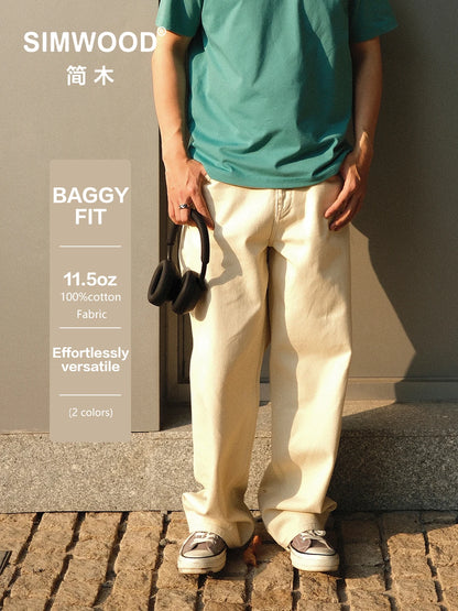 SIMWOOD 2026 Spring New Baggy Fit 11.3oz  Cotton Fabric Jeans Men Plus Size Casual Denim Chinos Pants