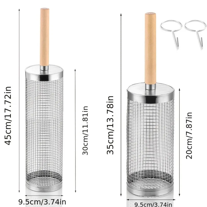 2Pcs Stainless Steel BBQ Grill Set - Heavy Duty Camping Cooking Tool with Wood Handle & Hook