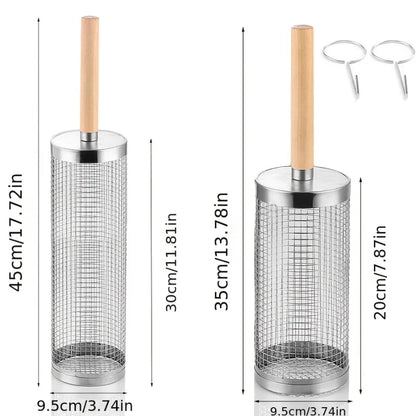 2Pcs Stainless Steel BBQ Grill Set - Heavy Duty Camping Cooking Tool with Wood Handle & Hook