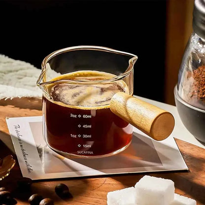 Glass Measuring Cup with Wood Handle, Double Spout Espresso Milk Coffee Mug, Clear Baking Kitchen Tool