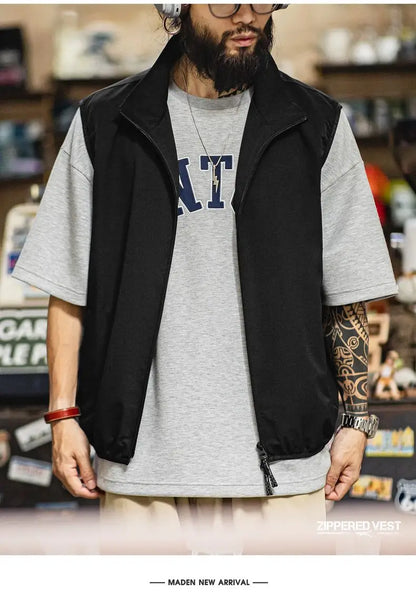 Maden Outdoor Men's Stand Collar Zip-Up Vest Lightweight Black Quick Dry Camping Fishing Waistcoat for Summer Sleeveless Jacket