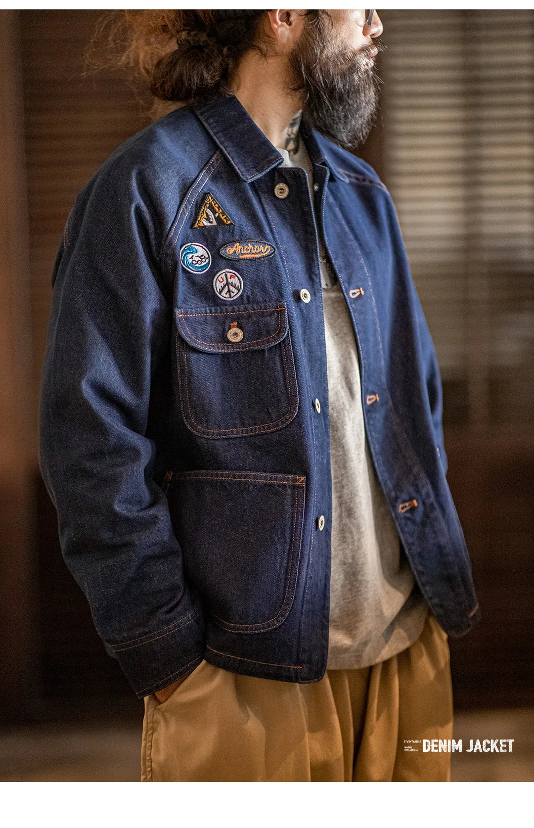 Maden Vintage Embroidered Badge 12.8oz Heavyweight Denim Jacket Washed Lapel Casual Outerwear for Men Spring and Fall Chore Coat