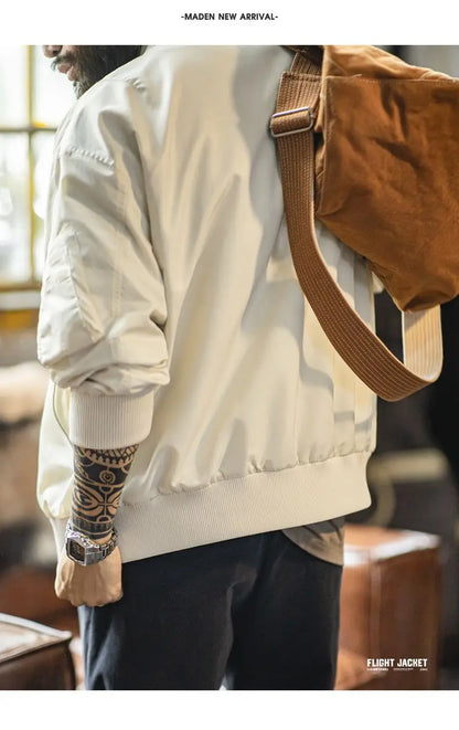 Maden Men's Vintage L2B Pilot Jacket White Lightweight Flight Bomber Jacket Short Zip-Up Casual Baseball Coat for Spring Autumn