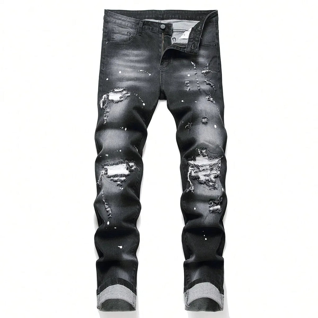 Men’s Cracked Blue Pleated Patch Biker Jeans - ShopHub