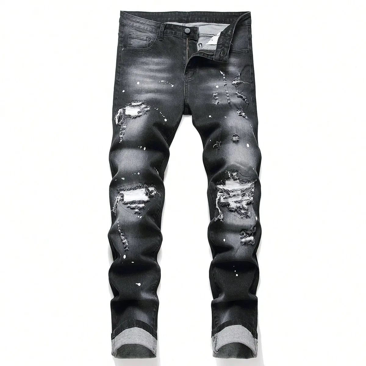 Men’s Cracked Blue Pleated Patch Biker Jeans - ShopHub